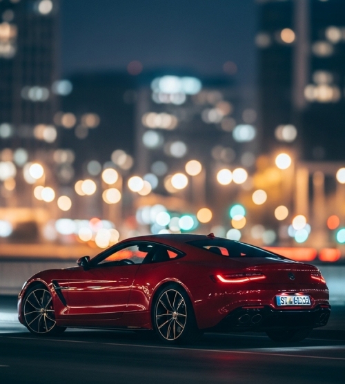 red sports car driving across city street
